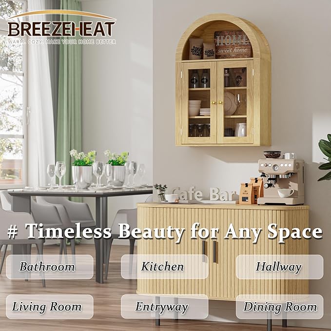 BREEZEHEAT Arched Medicine Cabinet with Glass Doors, Adjustable Shelf, Wall Mounted Bathroom Storage Cabinet Over Toilet, Natural Oak Wood Grain, 23.6''W × 31.5''H