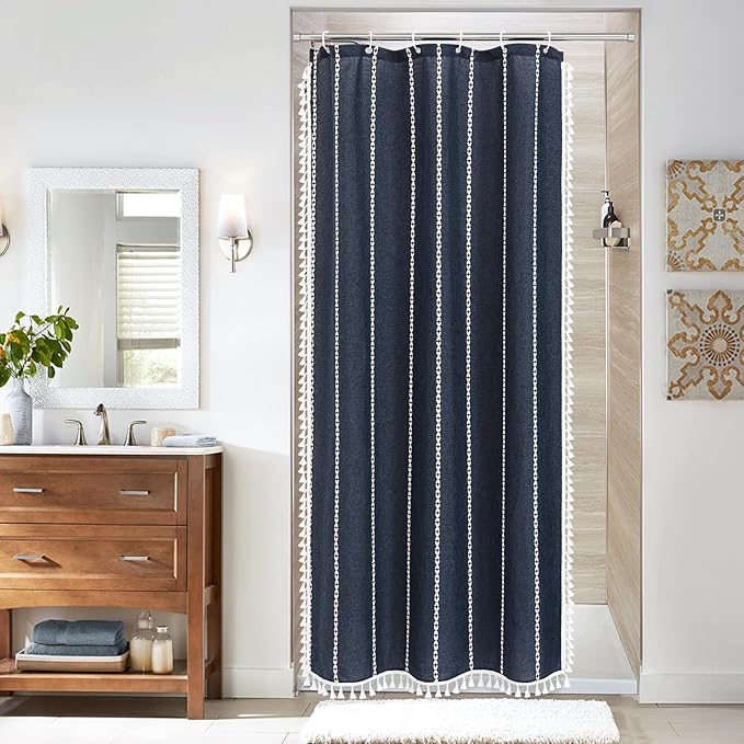 MitoVilla Navy Boho Farmhouse Small Stall Shower Curtain Set 36 x 72, Half Size Narrow Polyester Linen Fabric Shower Curtains for Farmhouse Bathroom Decor, Navy
