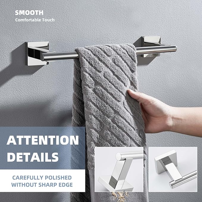 Suyar Polished Chrome Hand Towel Bar, SUS304 Stainless Steel Bathroom Towel Holder, Kitchen Closet Cabinet Washcloth Rack Wall Mounted, 13.78 Inch