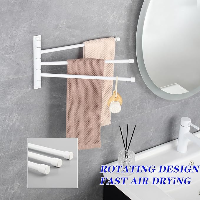 GERZWY Bathroom Hand Towel Rack 3-Bar Folding Arm Swivel Hanger Wall Mount Bath Towel Holder Stainless Steel Swing Out Towel Bar, White
