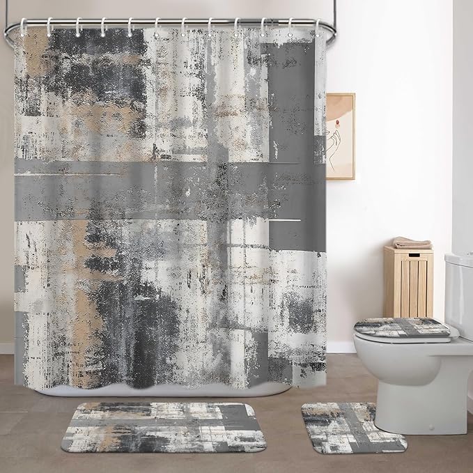 Lnond 4Pcs Bathroom Shower Curtain Sets with Rugs,Black and Grey Painting Art Bathroom Sets with Shower Curtain and Rugs and Accessories