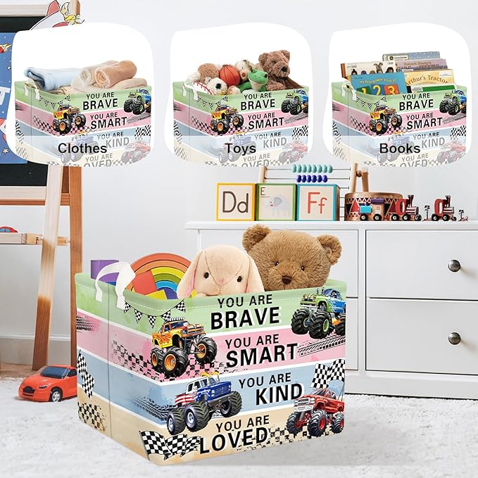 Cars Laundry Hamper Cartoon Vehicle Large Storage Basket Collapsible Parents Organizer Boy Toy Clothes Bins for Bedroom, Bathroom, Monster Truck, 36L