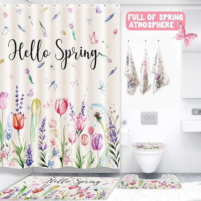 Drydiet 7 Pcs Spring Floral Shower Curtain Set Hello Spring Tulip Design with Non-Slip Rugs Bath Towels U-Shaped Mat Toilet Lid Cover and 12 Hooks 71x71 Inch Waterproof for Home Bathroom Decor