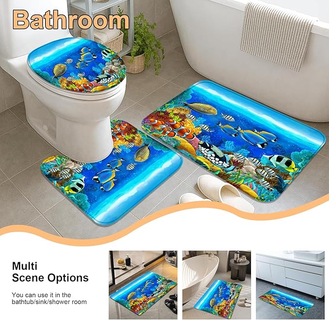4Pcs Colorful Tropical Fish Bathroom Sets with Shower Curtain and Rugs, Cartoon Ocean Theme Full Bathroom Set, Light Blue Soft Fabric Shower Curtain Set with 12 Pcs Hooks, Set de baño