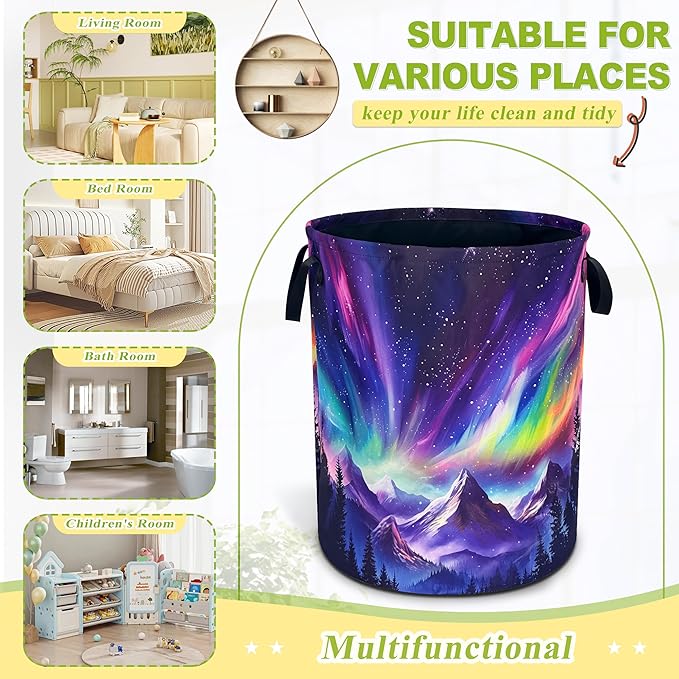 Aurora Mountains Laundry Basket Night Sky Forest Foldable Waterproof Oxford Cloth Funny Tote Bag Laundry Hamper Clothes Storage Bucket Toy Organizer For Bathroom/Laundry Storage/Bedroom 18.9x16.5 Inch