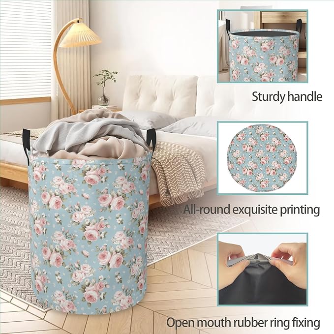 Laundry Basket With Handle, Dirty Clothes Laundry Hamper, Oxford Cloth Bin Storage Organizer for Toy Collection (Pink Flowers)