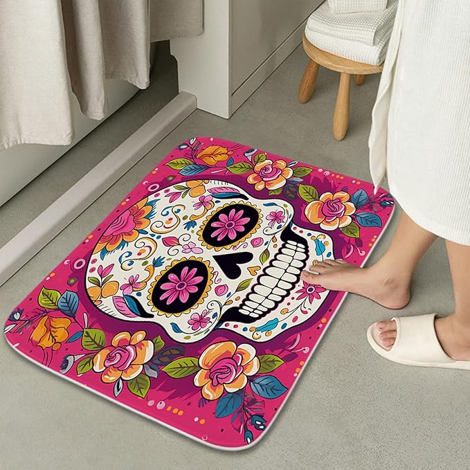 Floral Gothic Halloween Bathroom Sets with Funny Skull Unique Shower Curtain and 20 x 31 Rugs Bathroom Accessories Sets Decor with Bath Rug, Bath Mat, U-Shaped Contour and Hooks 72 x 72 Inch Colorful