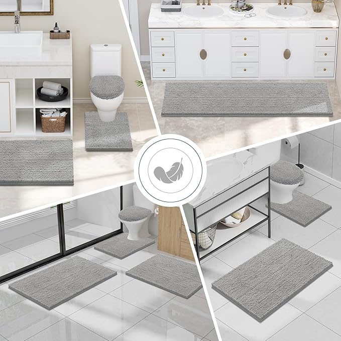 Smiry Luxury Chenille Bathroom Rugs 40x32, Extra Soft and Absorbent Shaggy Bath Mat, Machine Washable, Non-Slip Plush Carpet Runner for Tub, Shower, and Floor, Home Decor Accessories, Light Grey