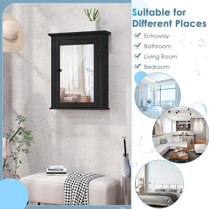 COSTWAY Bathroom Medicine Cabinet with Mirror, Wall-Mounted Storage Cabinet Organizer with 5-Position Adjustable Shelf, Hanging Bathroom Wall Cabinet for Living Room Bedroom Entryway (Black)