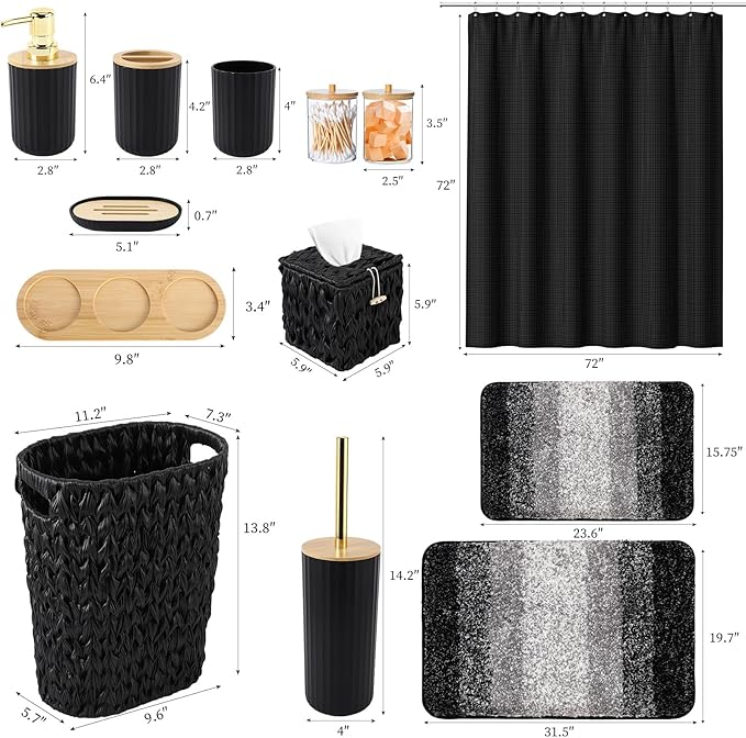 Bathroom Accessories Set, 25PCS Wicker Bathroom Accessory Set with Shower Curtain, Bath Mat, Soap Dispenser, Handwoven Trash Can & Ratten Tissue Box (Black, Bath Set+Shower Curtain+Rugs)