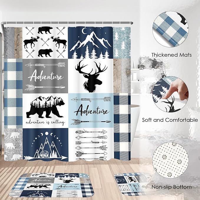 Pamnest 4 Pcs Shower Curtain Sets, Moose Bear Animal Funny Plaid Waterproof Bathroom Sets with Non-Slip Rugs, Toilet Lid Cover and Bath Mat, 12 Hooks, Accessories Modern Home Bathroom Decor 72" X 72"
