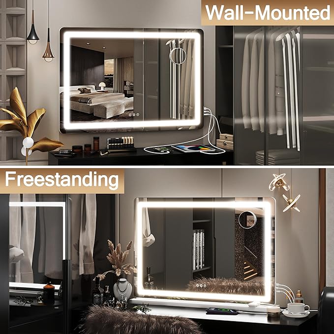 22" x32" Vanity Mirror with Lights, LED Makeup Mirror with Lights, Large Vanity Mirror with 360°Rotation, 3 Color Modes ＆ Dimmable, Light up Makeup Mirror for Vanity Desk, Travel, White