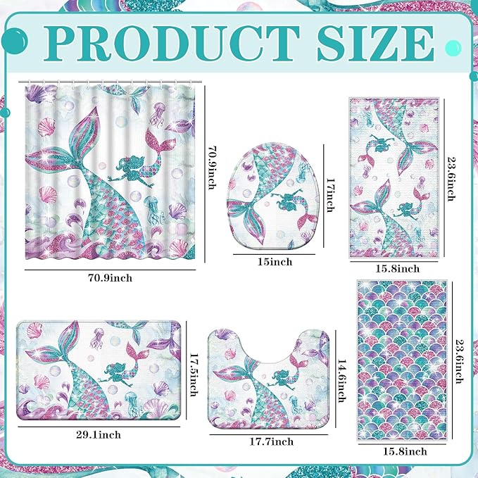 Nuanchu 6 Pcs Mermaid Shower Curtain Set with Rug Bathroom Sets with Shower Curtain Bath Mat U Shaped Mat Toilet Lid Cover 2 Bath Towels and 12 Hooks Mermaid Bathroom Decor