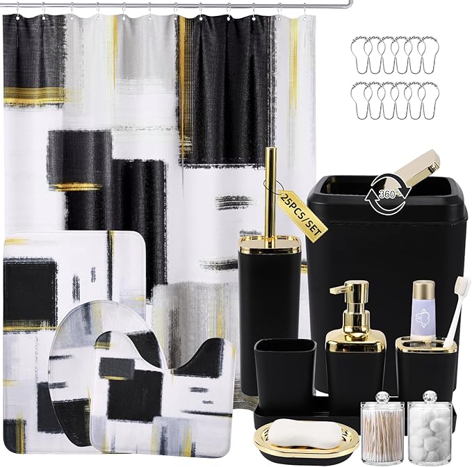 XLHOMO Bathroom Set - Black Bathroom Accessories Set, Bathroom Sets with Shower Curtain and Rugs, Black Shower Curtain Set with Bathroom Trash Can, Soap Dispenser, Soap Dish for Home Decor