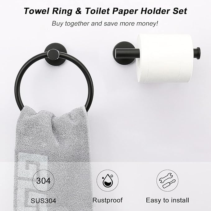 NearMoon 2 Pieces Bathroom Hardware Accessories, Towel Ring and Toilet Paper Holder- Stainless Steel Bath Towel Hanger and Hand Towel Holder, Wall Mounted (Matte Black)