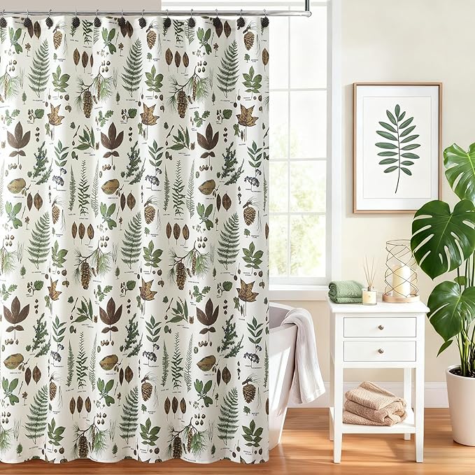 Green Brown Beige Pinecone Shower Curtain, Boho Pine Cones Leaf Plant Fabric Shower Curtain, Waterproof Rustic Cabin Decorative Botanical Bathroom Curtains, 72" W x 72" H