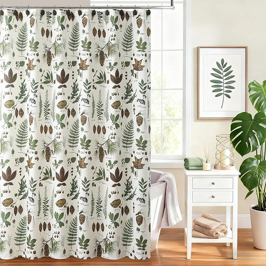 Green Brown Beige Pinecone Shower Curtain, Boho Pine Cones Leaf Plant Fabric Shower Curtain, Waterproof Rustic Cabin Decorative Botanical Bathroom Curtains, 72" W x 72" H