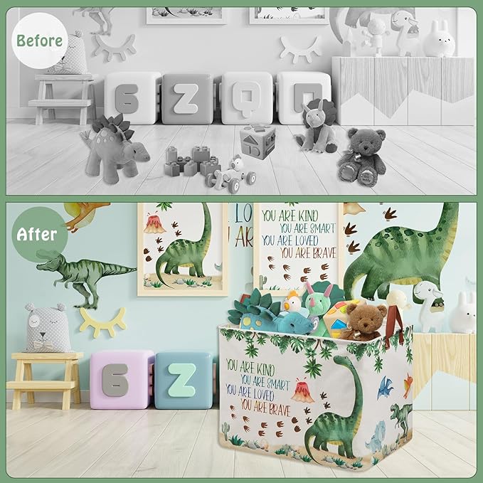Dinosaur Nursery Decor Baby Gift Basket with Inspirational Quotes Large Kid Storage Chest Trunk Woodland Stone Volcano Book Shelf Basket Collapsible Clothes Toy Bin for Baby Rectangle Hamper,36L
