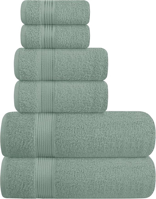Elvana Home Ultra Soft 6 Pack Cotton Towel Set, Contains 2 Bath Towels 28x55 inch, 2 Hand Towels 16x24 inch & 2 Wash Coths 12x12 inch, Ideal Everyday use, Compact & Lightweight - Jade