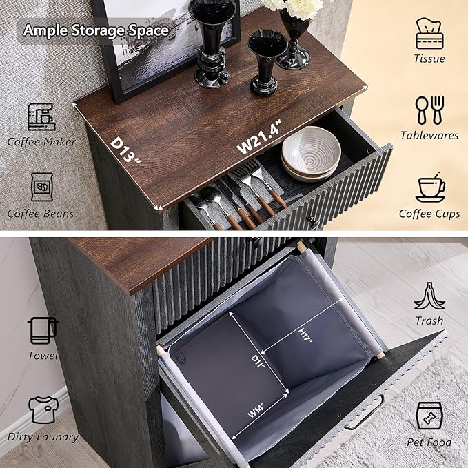 IFBUY Modern Tilt-Out Laundry Hamper Cabinet, 10 Gallon Fluted Trash Can Cabinet with Drawer, Wooden Hidden Garbage Can Cabinets with Laundry Basket, Free Standing for Bathroom and Kitchen, Grey