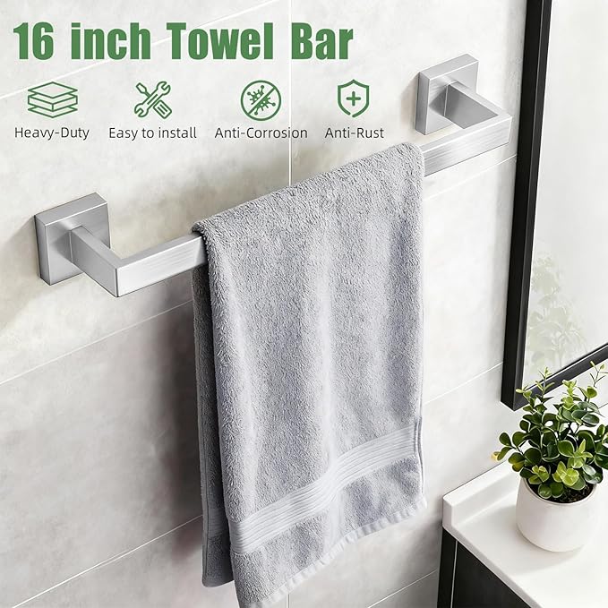 Brushed Nickel Bathroom Accessories 6-Piece, Stainless Steel Classic Bathroom Hardware Set, 16" Towel Bar, Toilet Paper Holder with Shelf, 2 Towel Rings & 2 Hooks, Wall Mounted for Bathroom Apartment