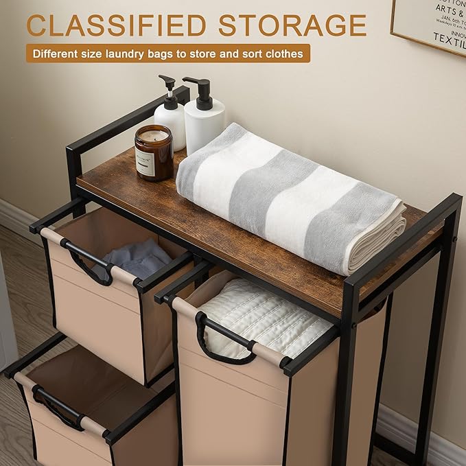 Suntage Laundry Basket Organizer - Hampers with 3 Compartments, Sliding Laundry Sorter Bags, Top Storage Shelf, Metal Frame