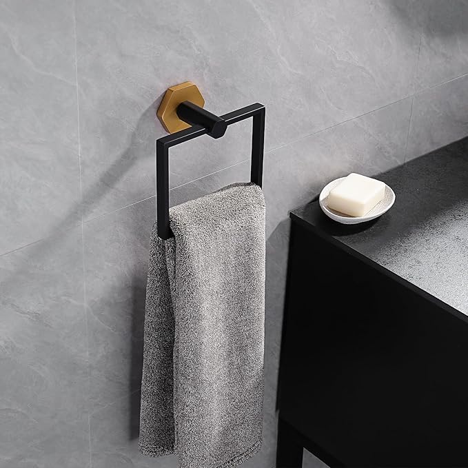 GERZWY Modern Towel Holder Stainless Steel Towel Ring for Bathroom Lavatory Wall Mount Contemporary Style (Black & Gold)