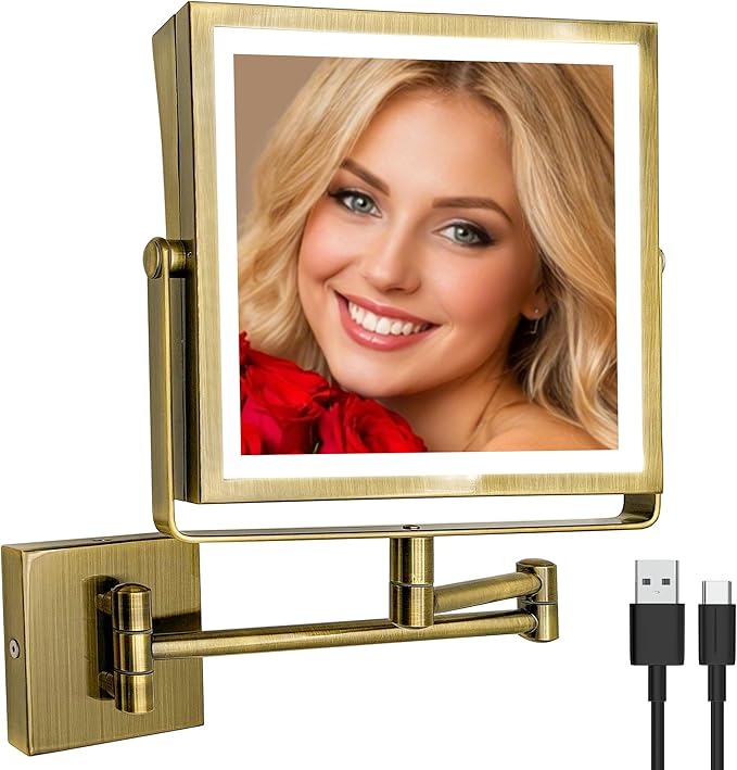 Ruacq Rechargeable Wall Mounted Makeup Mirror with Lights, Double Sided 1X/10X Magnifying Vanity Mirror with 3 Color Lights, Touch Screen Dimmable, 360° Rotation Extension Foldable Arm(Antique Brass)