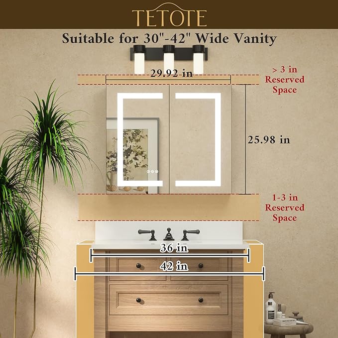 TETOTE LED Lighted Medicine Cabinet with Lights 30 x 26 Recessed or Surface Mount Cabinet Mirror for Bathroom Wall, 2 Door Tempered Glass Led Vanity Cabinet, Outlets & USB, 3-Color Dimming, Anti-Fog