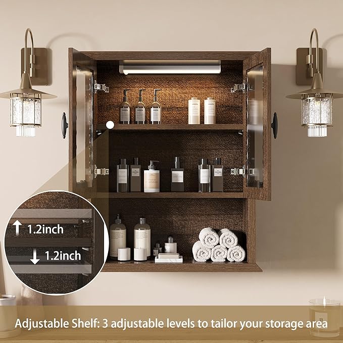 CJL Bathroom Wall Cabinet with Motion Sensor Led Light, Over The Toilet Storage Cabinet, 18.9'' x 23.6'' Medicine Cabinet of Mid-Century Modern Design with Acrylic Door, Brown
