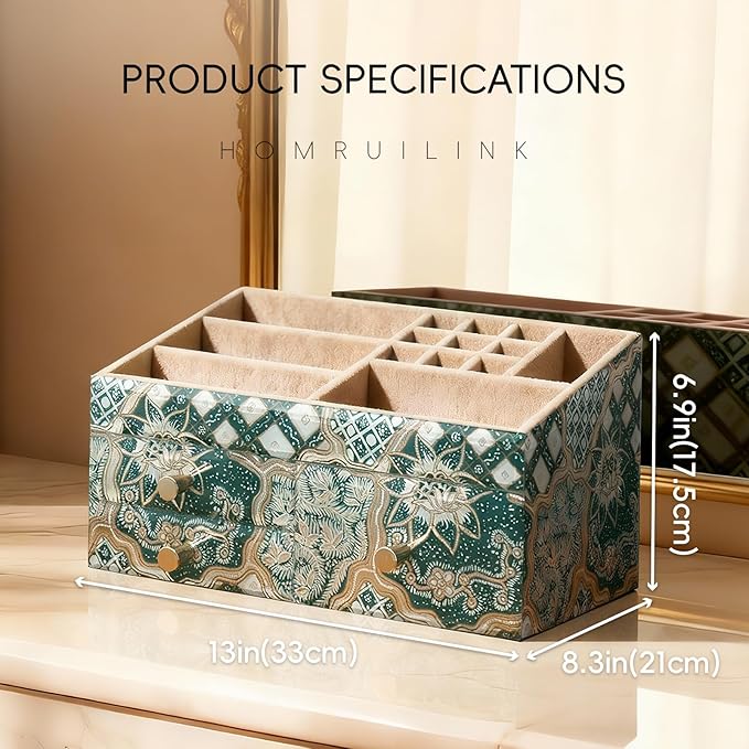 Glass Makeup Organizer for Vanity - Vanity Case with Drawers & Velvet Lining, Countertop Organizer for Lipstick, Brushes, Skincare, Perfume - Valentine's Day Gifts for Women