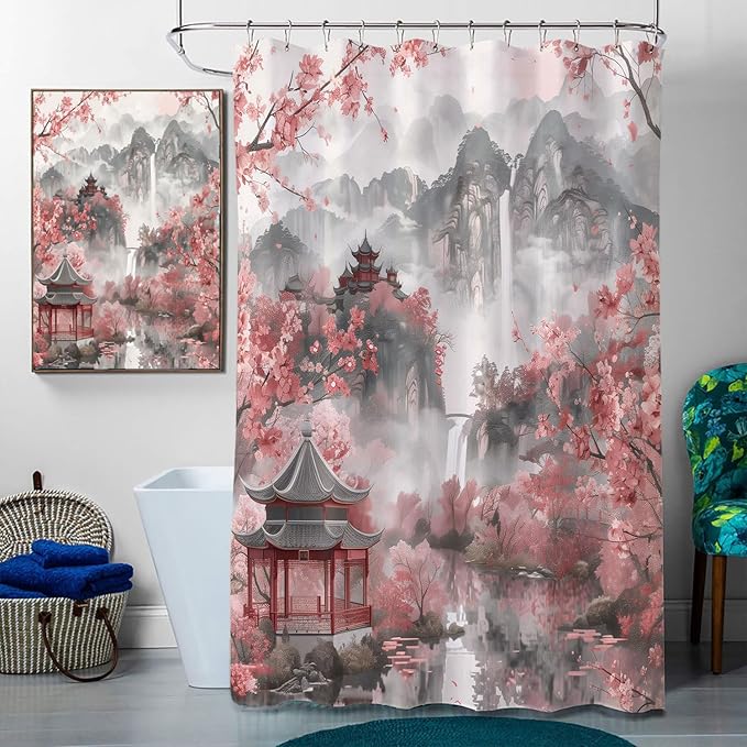 Watercolor Cherry Blossom Shower Curtain Set with Non-Slip Rugs, Toilet Lid Cover and Bath Mat, Chinese Landscape Ink Painting Bathroom Shower Curtain with 12 Hooks Accessories Decorative