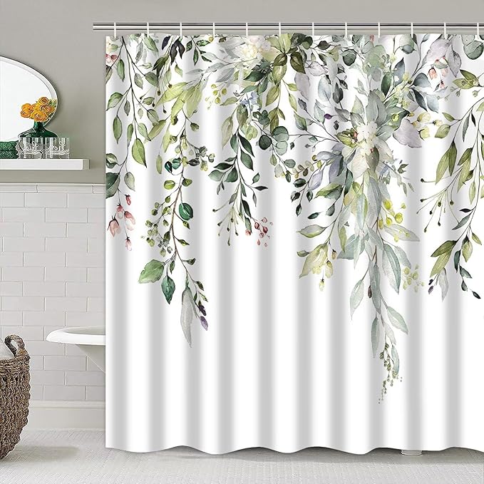 AZHM Sage Green Eucalyptus Plant Shower Curtain Set 4pcs Watercolor Leaves Floral Bathroom Sets with Shower Curtain and Rugs Farmhouse Rustic Bathroom Decor Accessories Set