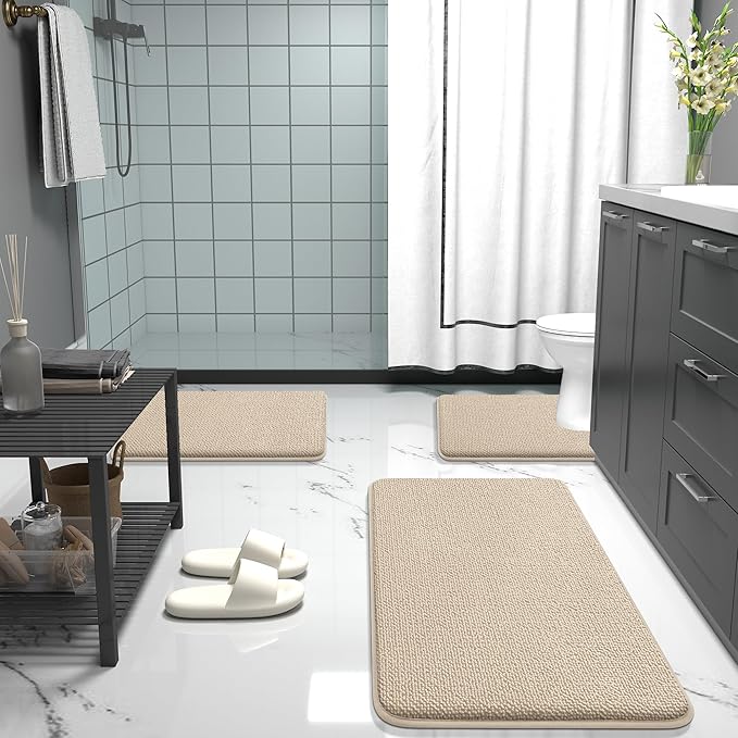 OLANLY Thick Memory Foam Bath Mat Rug 32x20, Extra Soft Absorbent Bathroom Rug, Quick Dry Bath Mats, Non-Slip, Machine Washable Carpet for Bathroom, Tub and Shower, Home Decor Accessories, Beige