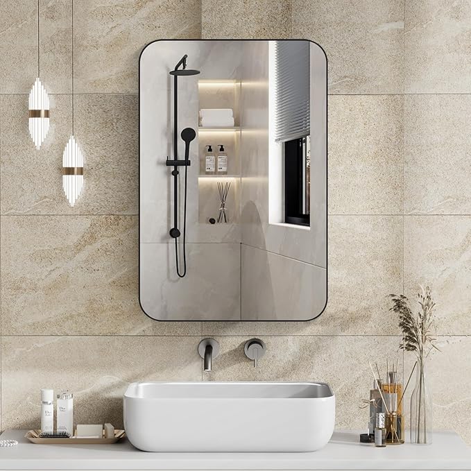 24x16 Inch Bathroom Medicine Cabinet Black, Wall Mounted Bathroom Medicine Cabinets or Recessed Mirror Cabinet Rounded Rectangle Medicine Cabinets