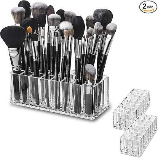 BY ALEGORY (Set Of 2) Acrylic Makeup Brush Organizer 24 Space Storage w/Deep Slots For Cosmetic Beauty Brushes Refillable Container - Clear
