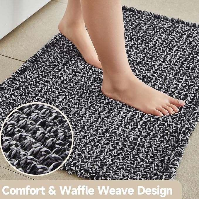 Black and White Bathroom Rugs, Waffle Bath Mat Non Slip Washable Super Absorbent Quick Dry Boho Farmhouse Bathroom Decor, 48"x24" Black and White