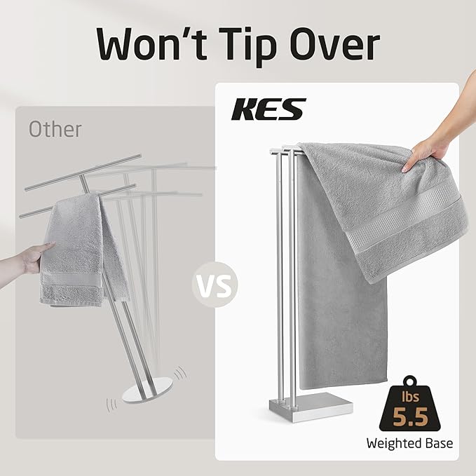 KES Free Standing Towel Racks for Bathroom with 3X Thicker Base, 2-Tier Towel Rack Stand for Bathroom Floor, Upgrade Steady Design, Pro-Grade 18/8 Stainless Steel Brushed Finish, BTH239-2