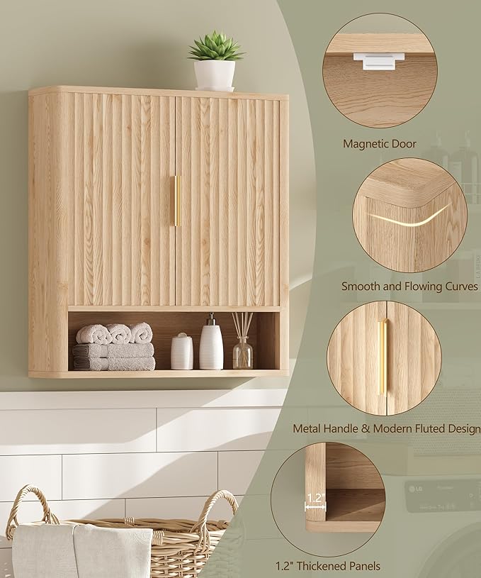 Keehusux 27.6" H Bathroom Wall Storage Cabinet with 2 Fluted Doors, Modern Wall Mounted Bathroom Cabinet with Adjustable Shelf, Curved Profile Medicine Cabinet for Kitchen, Living Room, Natural Oak