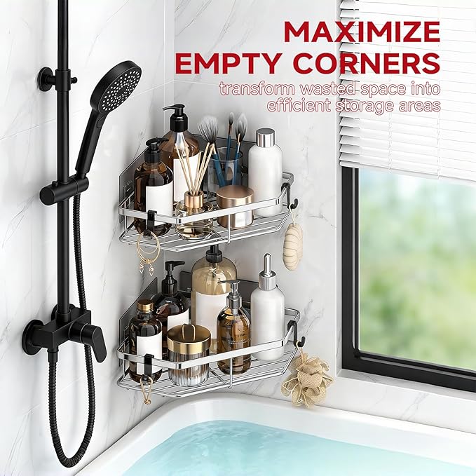 Corner Shower Caddy, 5-Pack Adhesive Shower Corner Organizer Shelves, No Drilling Stainless Steel Shower Storage Rack with Soap&Toothpaste Holder for Bathroom, Dorm and Kitchen (silver)
