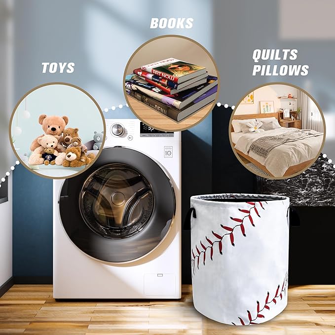 Baseball Texture Pattern Laundry Basket Ball Foldable Oxford Cloth Funny Tote Bag Laundry Hamper Clothes Storage Bucket Toy Organizer For Bathroom/Laundry Storage/Bedroom 18.9x16.5 Inch