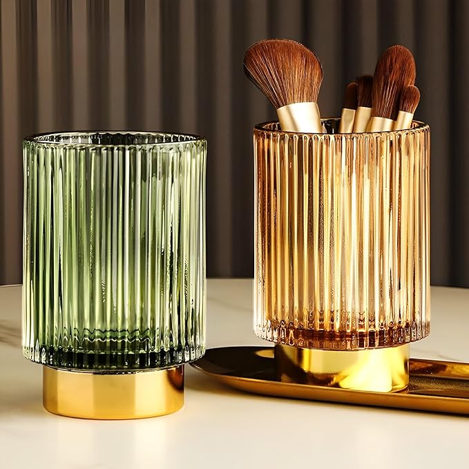 Makeup Brush Holder Organizer, Heavy Crystal Glass Brush Storage Holder, Vintage Cosmetic Make Up Bathroom Brushes Cup Pen Pencil Toothbrush Holder Striped Vase (S+L (amber))