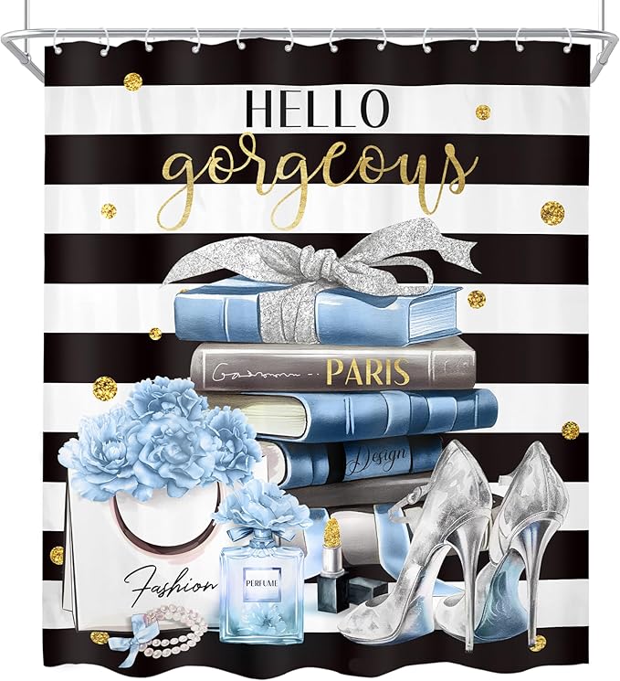 Cinbloo 4Pcs Black and Blue Shower Curtain Set,High Heels Striped Perfume Bathroom Curtain with Rug, Toilet Lid Cover, Bath Mat, Fashion Floral Flower Magazine Books Shower Curtain with 12 Hooks