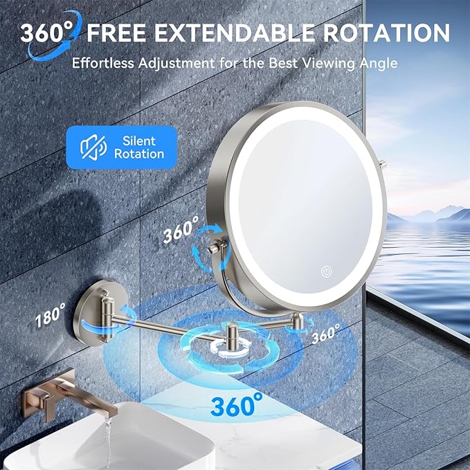 9'' 30X/1X Wall Mounted Lighted Makeup Mirror, 5000mAh Rechargeable Double-Sided Magnifying Mirror with Light, Vanity Bathroom Mirror Touch Dimmable 3 Colors 360° Rotation Extended Arm, Power Adapter