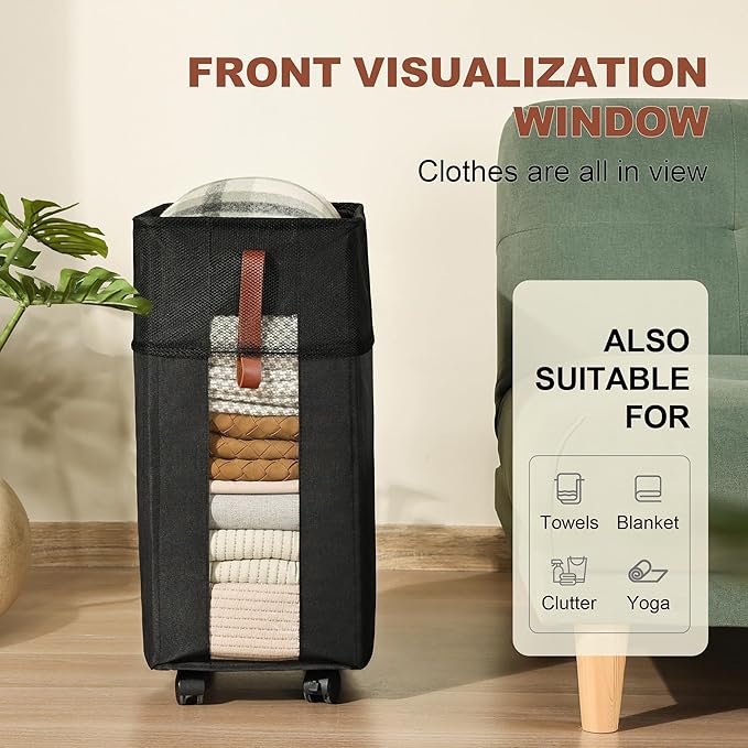 Laundry Hamper with Wheels, 62L Rolling Laundry Basket with Visible Clear Window Collapsible Dirty Clothes Hampers for Laundry Room Bedroom Dorm RV,Black