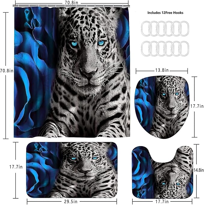 jieprom 4 Piece Blue Rose and Leopard Print Shower Curtain Set with Rugs - Luxury Floral & Cheetah Bathroom Decor - Waterproof Fabric Curtain, Non-Slip Bath Mat, U-Shaped Rug & Toilet Lid Cover