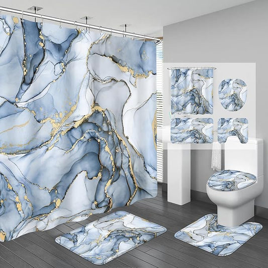 4PCS Light Blue Gold Marble Shower Curtain Sets with Rugs, Abstract Luxury Bathroom Sets with Shower Curtain and Rugs, Gold Bathroom Curtains Shower Set with Toilet Lid Cover