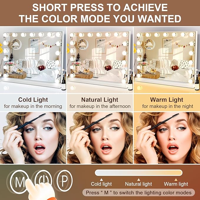 Kottova 24.4"x21.2" Vanity Mirror with Lights, Lighted Makeup Mirror with 3 Dimmable Color Modes,17 LED Hollywood Mirror with Touch Control, USB Charging Port, Tabletop & Wall-Mounted (White)