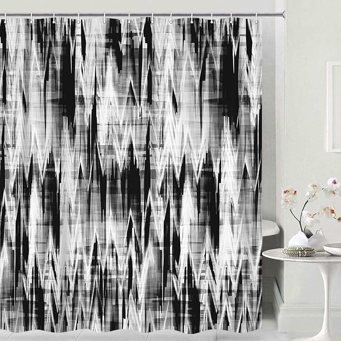 Black White Shower Curtain, Modern Abstract Pattern Machine Washable Home Bathroom Decorations, Wave Striped Wave Shower Curtain Set with Hooks Waterproof Fabric Bath Curtains Home Decor, 60X70IN