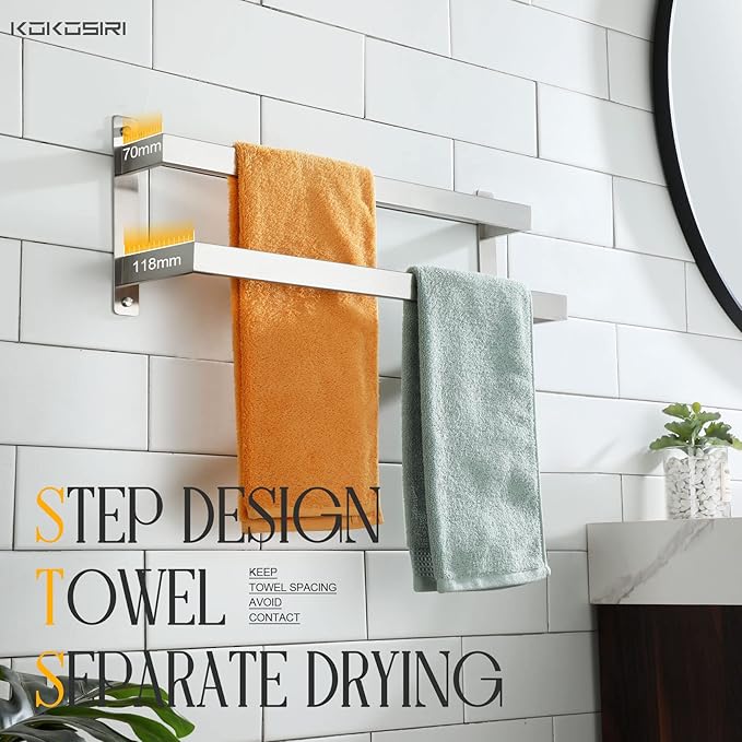 KOKOSIRI Hand Towel Bars Bathroom 2-Tiers Ladder Towel Rails 20 Inches Towel Holders Wall Mounted Towels Shelves Rack Brushed Stainless Steel, B5008BR-L20